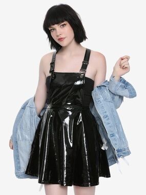 Hot Topic Black Faux Leather Adjustable Straps Gothic Punk Glossy Skirtalls XS